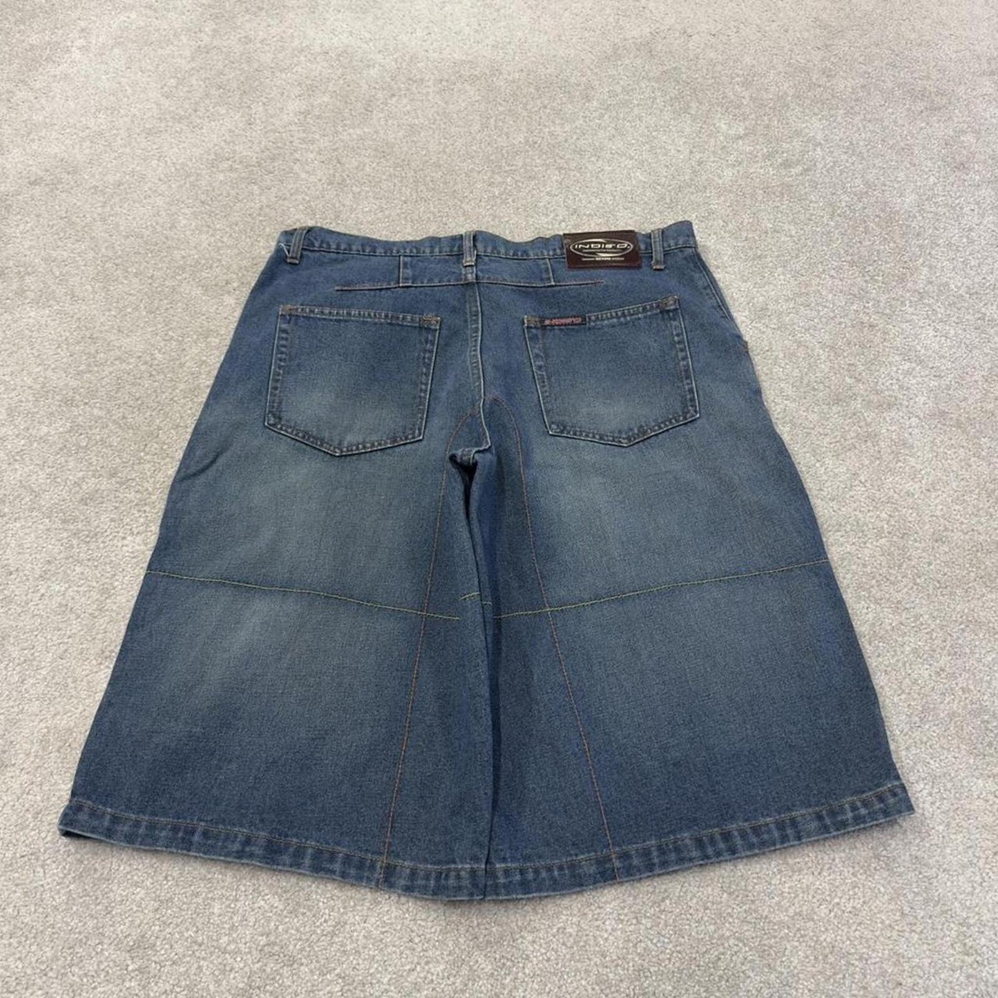 Y2K long baggy denim shorts blue Indigo denim skater style brand surf jorts