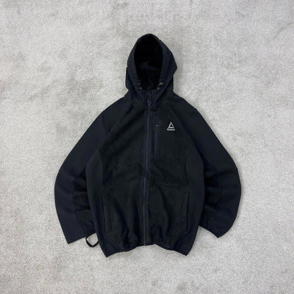 Black Reebok technical fleece jacket Medium y2k style hooded full zip embroidere hoodie