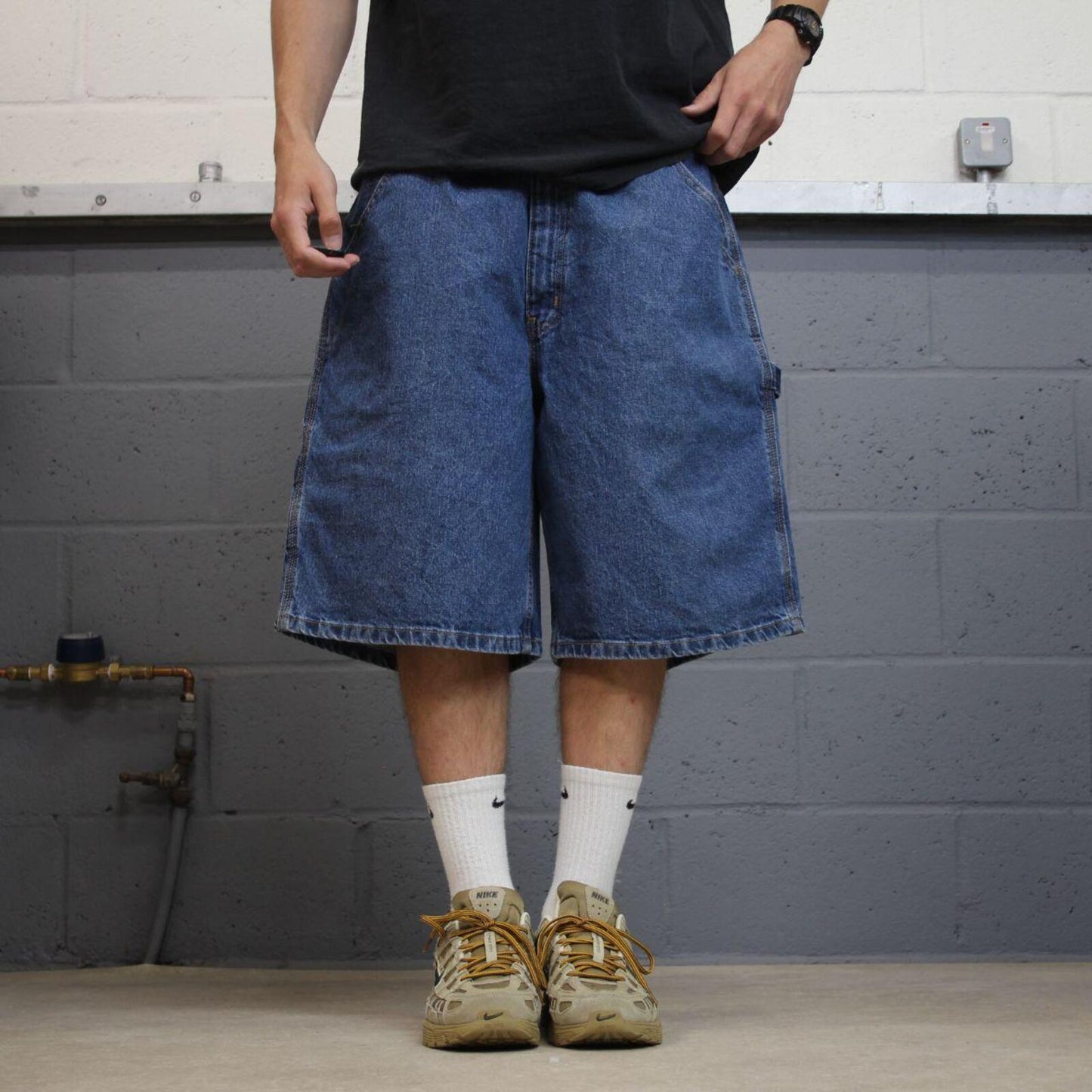 Extra baggy denim shorts carpenter blue Faded Glory skater style summer festival cargo jorts