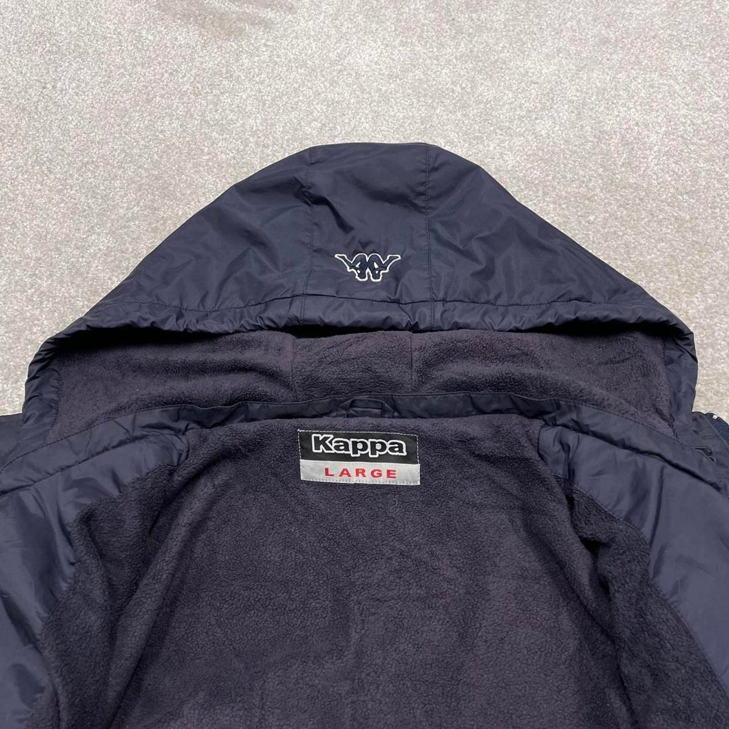 Navy Kappa technical jacket Large men's y2k 00s style fleece lined hooded coat embroidered detail