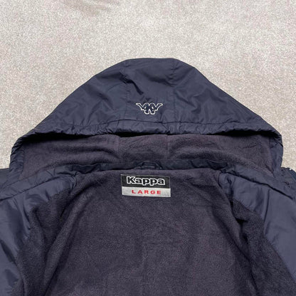 Navy Kappa technical jacket Large men's y2k 00s style fleece lined hooded coat embroidered detail