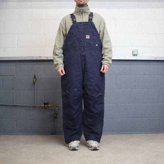 Vintage y2k baggy Carhartt dungarees wide leg navy Fire resistant bib & brace overalls workwear