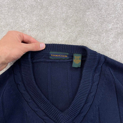 Navy IZOD Club chunky knit pullover jumper L embroidered logo V neck autumn y2k style