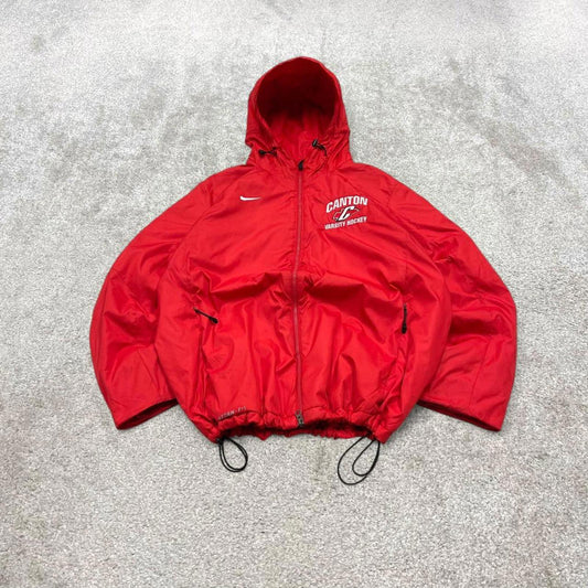 Y2K Nike technical windbreaker jacket red Nike storm fit coat, full zip, logos, hood and pockets