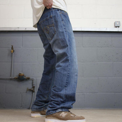 Mens y2k skate jeans Attitude W34 L32 blue loose denim 90s style embroidered design jeans