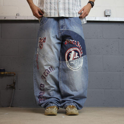 PACO extra baggy embroidered jeans y2k blue patchwork denim wide leg fit embroidered & printed