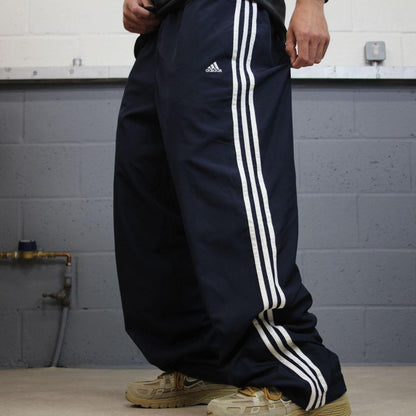 Y2K Adidas tracksuit bottoms loose navy Floaty embroidered lined side stripe track pants