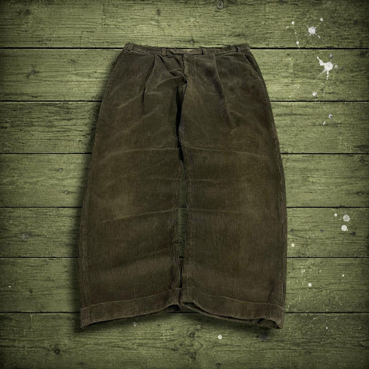 Vintage M&S baggy pleated corduroy pants green W38L31 M&S wide wale chunky jumbo cord trousers