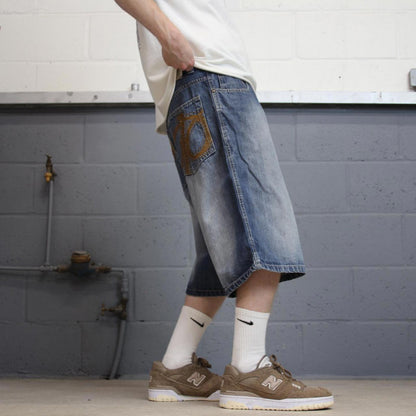 Baggy Southpole skate shorts W34 blue Loose long wide leg embroidered skate jorts