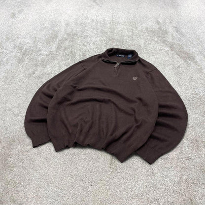 CHAPS knit quarter zip sweater jumper pull over large men's brown knitted y2k 00s style