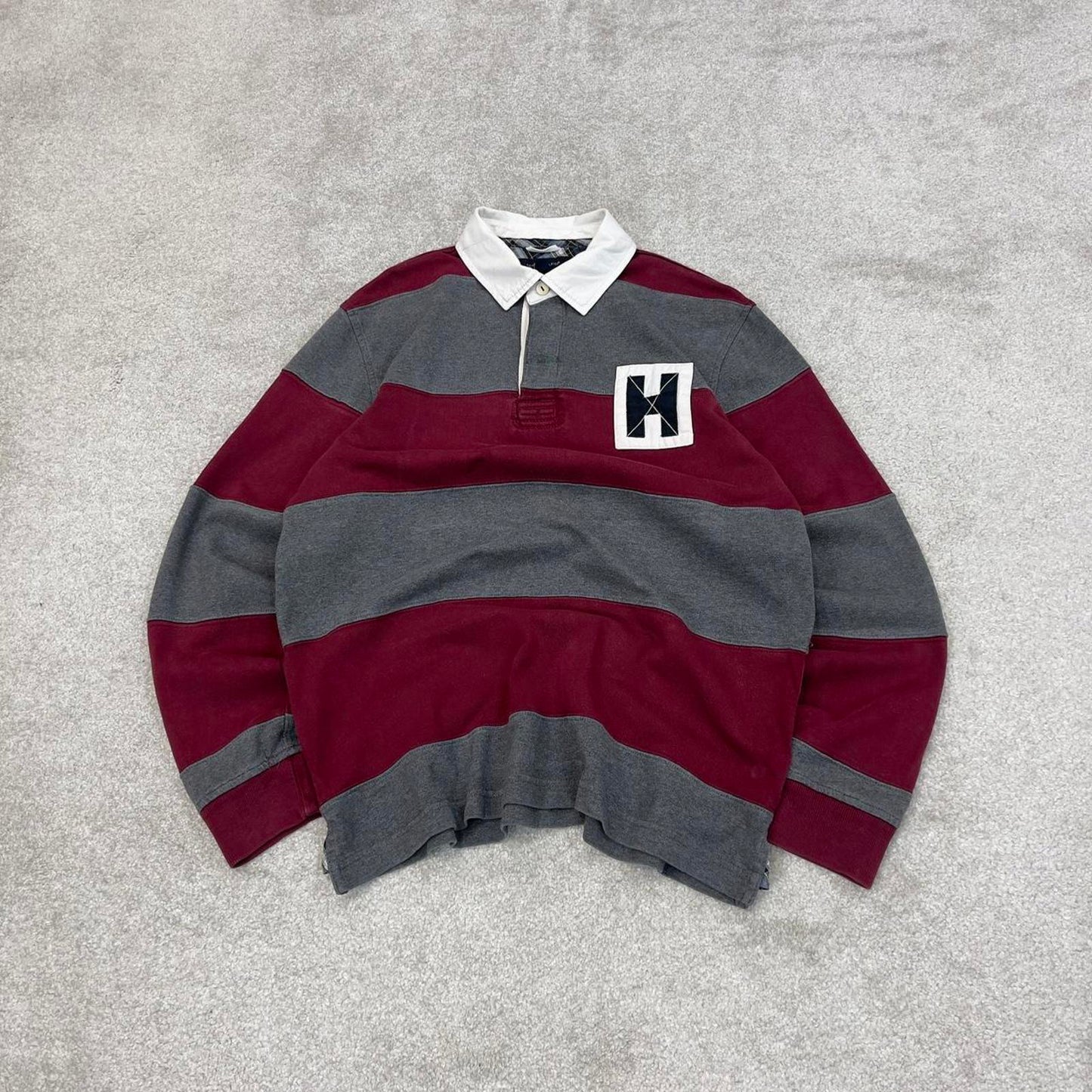 Burgundy grey Tommy Hilfiger vintage style rugby shirt Medium classic striped long sleeve polo loose