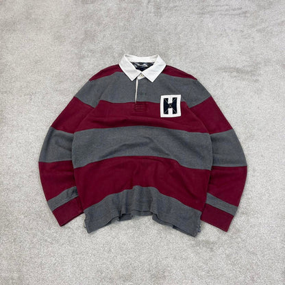 Burgundy grey Tommy Hilfiger vintage style rugby shirt Medium classic striped long sleeve polo loose