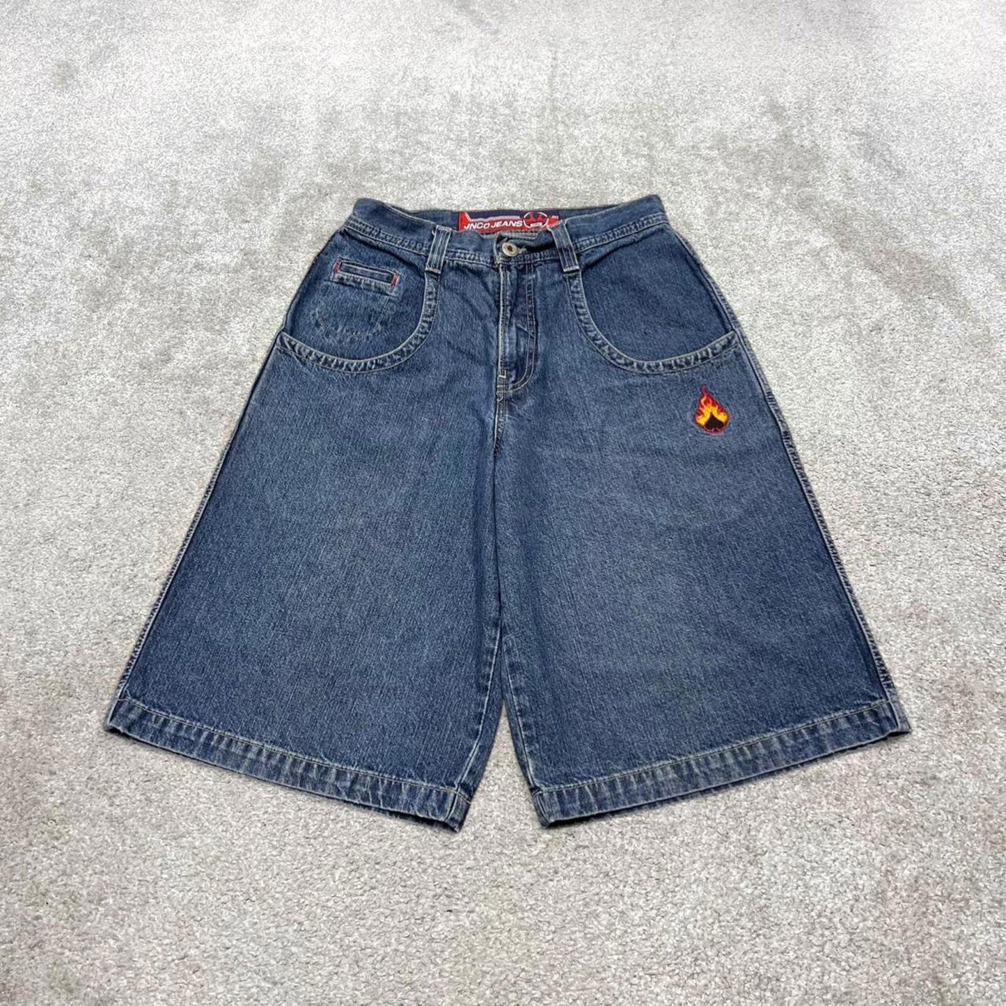 Vintage Y2k JNCO denim shorts wide leg blue Loose deep pocket jorts with flaming aces embroidery