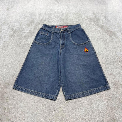Vintage Y2k JNCO denim shorts wide leg blue Loose deep pocket jorts with flaming aces embroidery