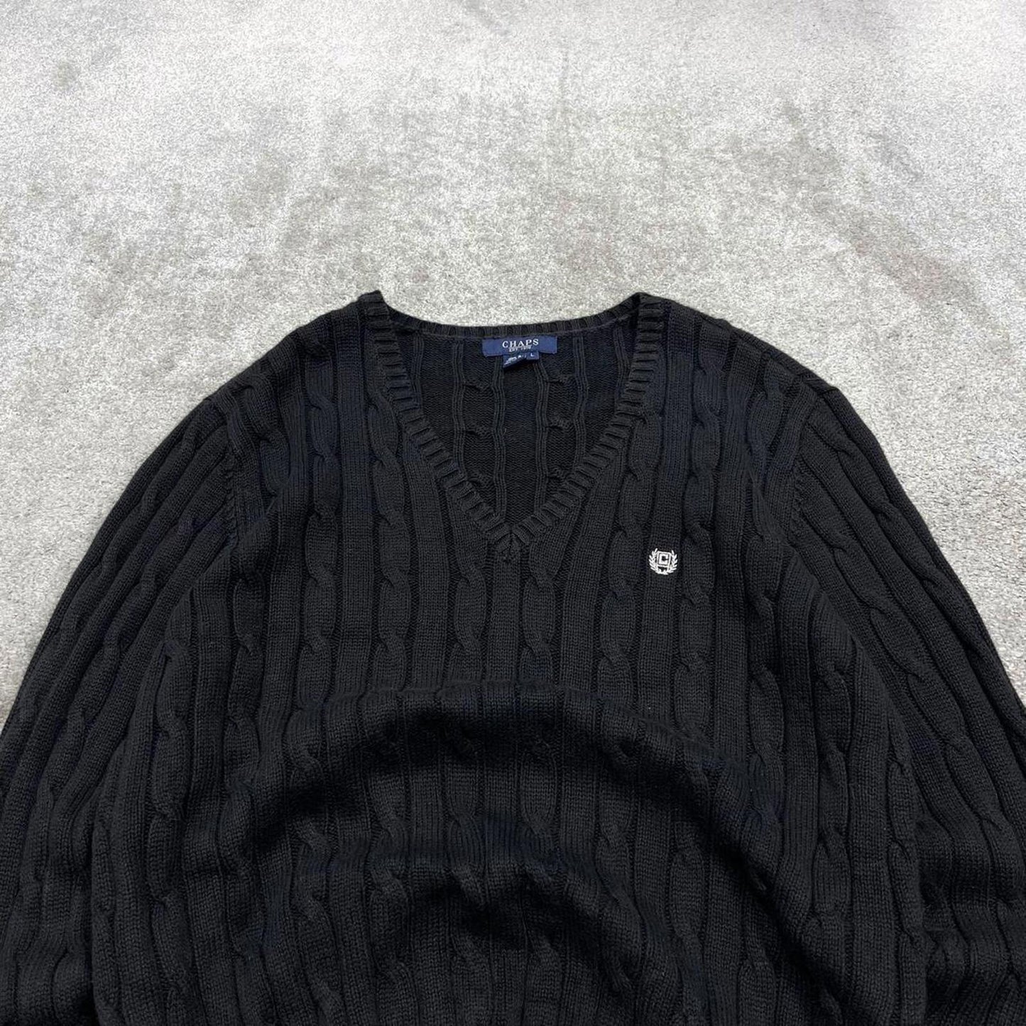 Y2K CHAPS cable knit sweater jumper black Embroidered logo v neck knitted pullover