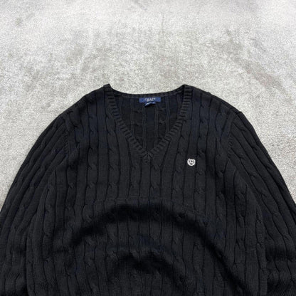 Y2K CHAPS cable knit sweater jumper black Embroidered logo v neck knitted pullover