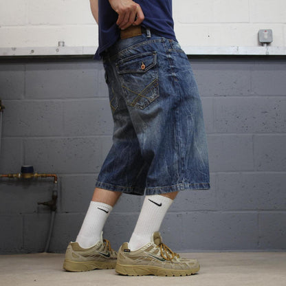 Y2K baggy embroidered shorts long blue Sean John skater style surf jorts