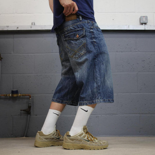 Y2K baggy embroidered shorts long blue Sean John skater style surf jorts