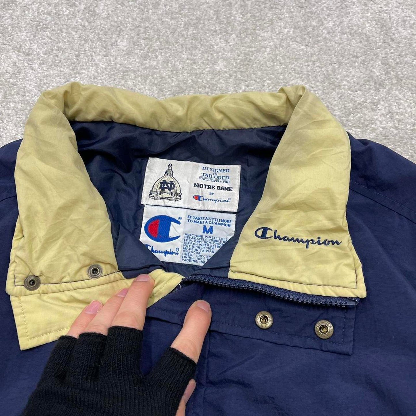 Vintage y2k Champion technical windbreaker jacket navy Colour panels embroidered logos Notre Dame