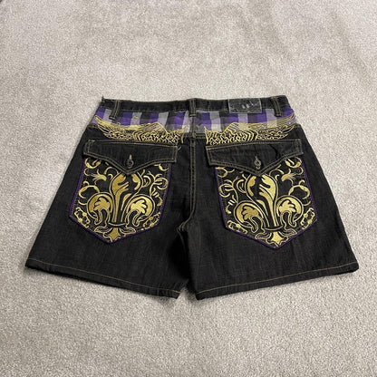 Y2k embroidered denim shorts black Refuse loose short skater festival jorts