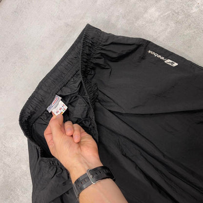 Black Reebok trackies L Loose y2k shell suit sportswear tracksuit bottoms ankle zips cuffed legs