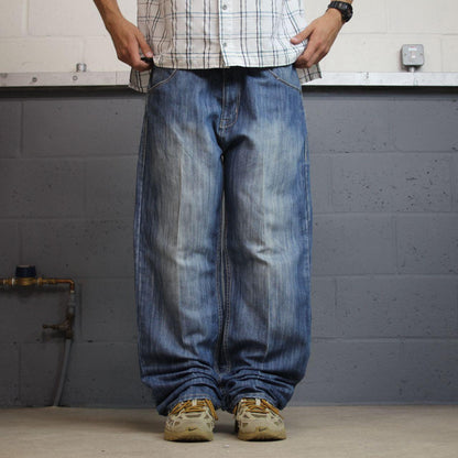 Y2K baggy embroidered jeans washed blue denim W38L34Vibes Gold Label surf pants embroidered