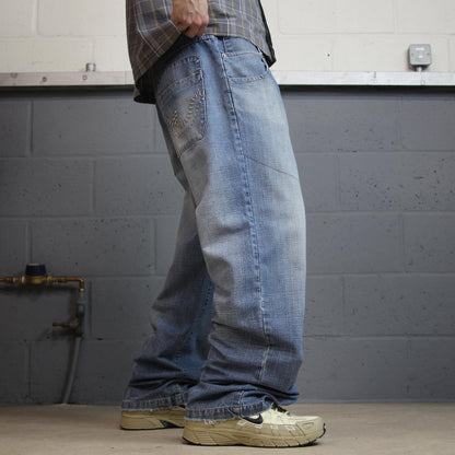 Y2K baggy surf jeans W36L32 blue denim Vintage Don loose 00s style pants embroidered design casual