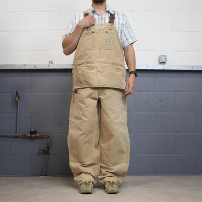 Vintage Carhartt dungarees baggy tan brown overalls Bib & brace utility workwear painter