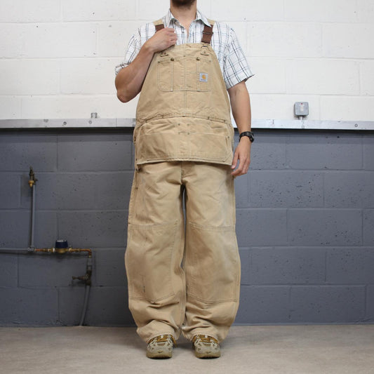 Vintage Carhartt dungarees baggy tan brown overalls Bib & brace utility workwear painter