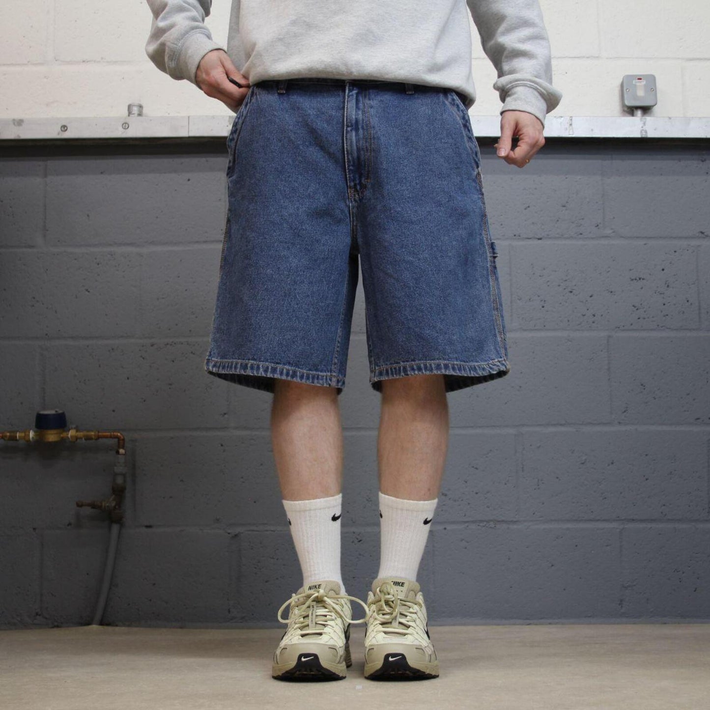 Baggy denim carpenter shorts cargo blue Wolverine skater style surf jorts