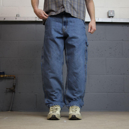 Y2K baggy carpenter jeans W34L30 blue denim Full blue loose straight leg utility workwear
