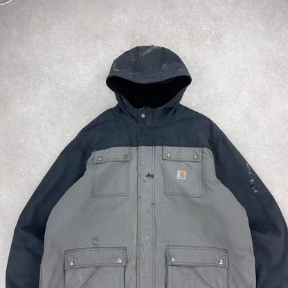 Hooded Carhartt jacket 2XL sherpa lined parker style workwear coat black grey