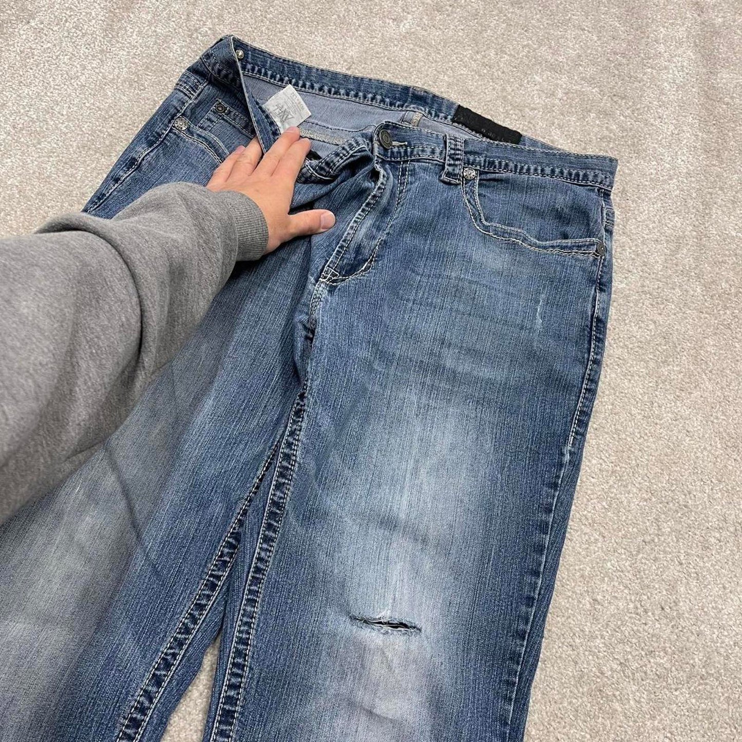 Y2k embroidered Axel bootcut jeans W38L32 blue denim stitched 00s skate style pants