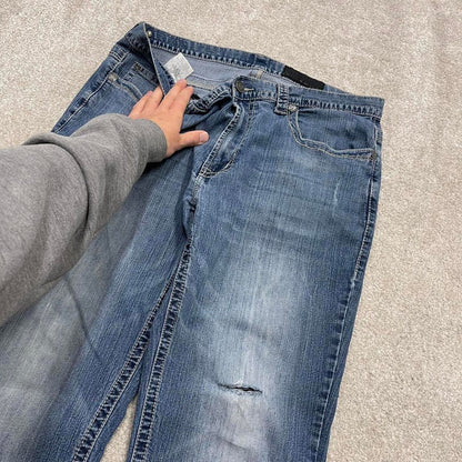 Y2k embroidered Axel bootcut jeans W38L32 blue denim stitched 00s skate style pants