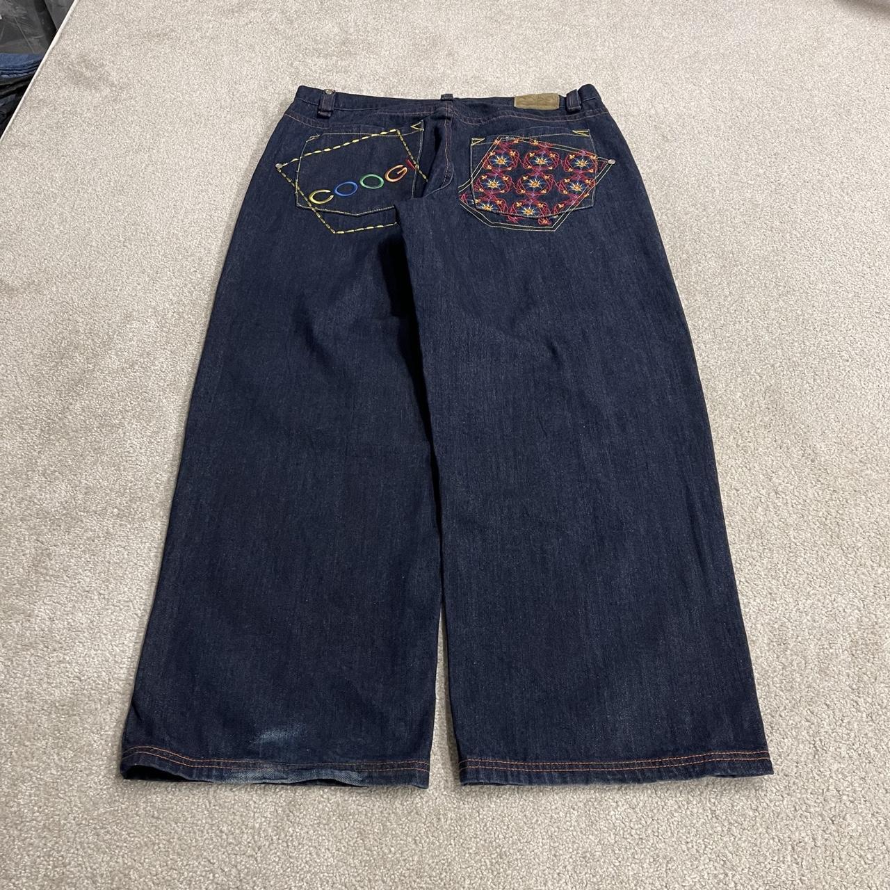 Baggy COOGI embroidered jeans y2k W40L33 navy blue embroidered pattern wide leg skater pants