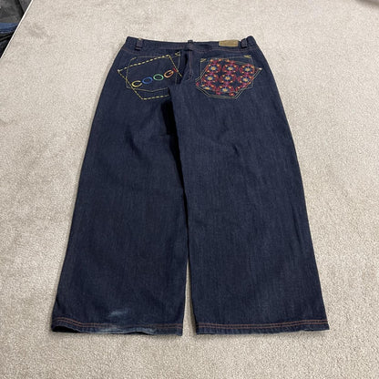 Baggy COOGI embroidered jeans y2k W40L33 navy blue embroidered pattern wide leg skater pants
