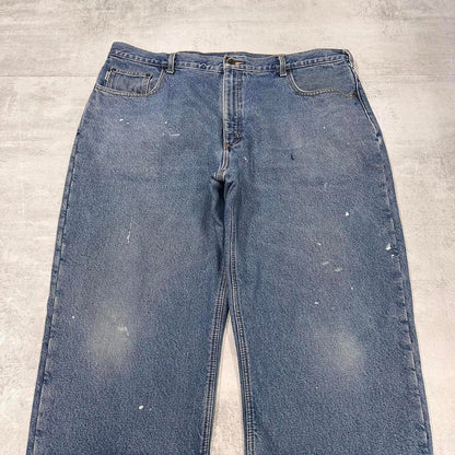 Mens Carhartt jeans W42 L30 Loose Blue fleece lined denim skate jeans patch logo