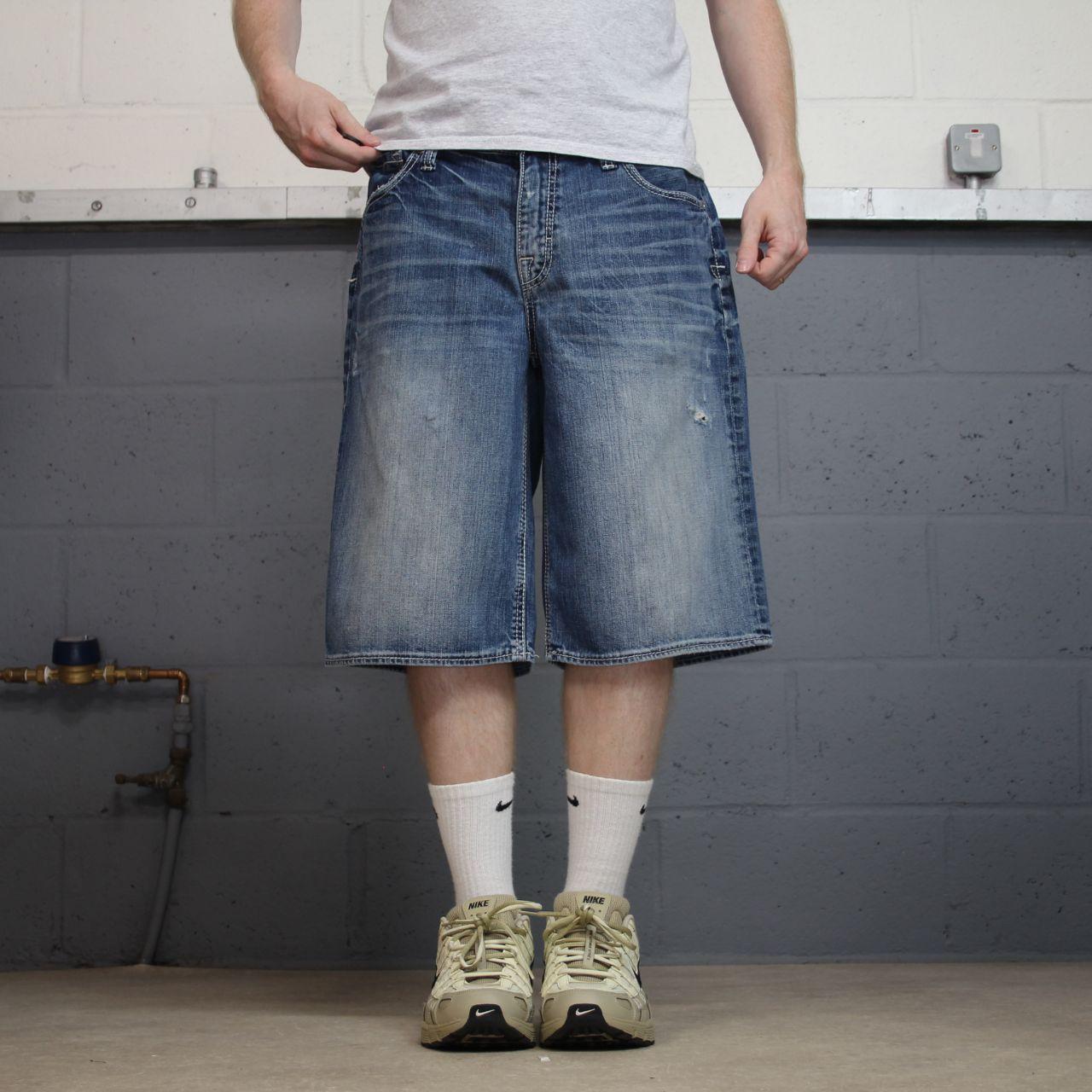 BKE baggy denim shorts y2k white stitch blue Surf summer style jorts perfect for festival