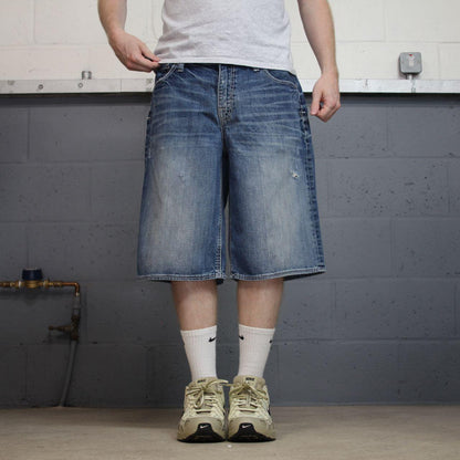 BKE baggy denim shorts y2k white stitch blue Surf summer style jorts perfect for festival