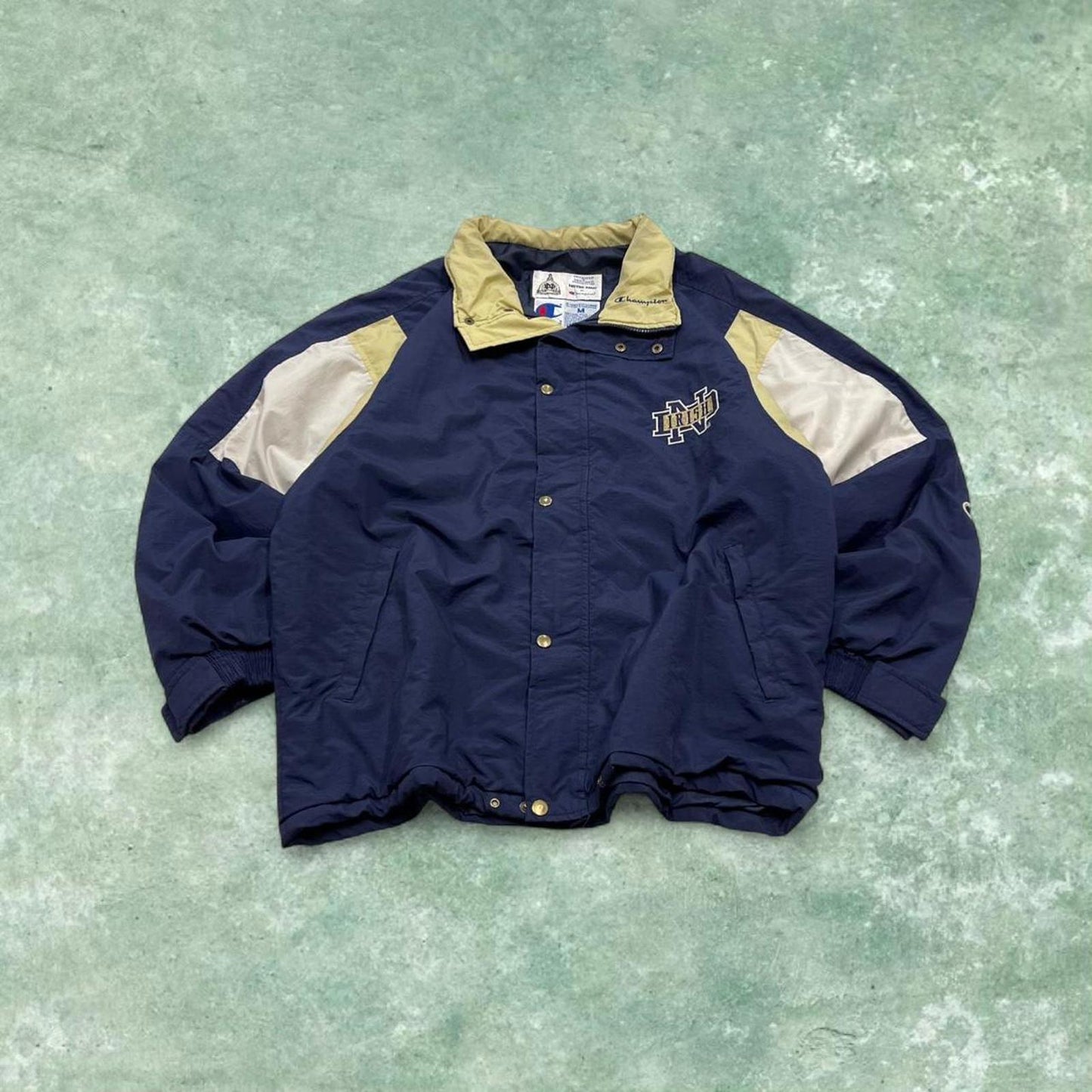 Vintage y2k Champion technical windbreaker jacket navy Colour panels embroidered logos Notre Dame