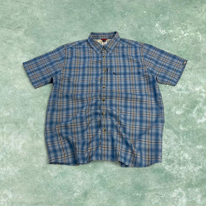 North Face checkered short sleeve shirt blue TNF festival surf style check shirt button down summer