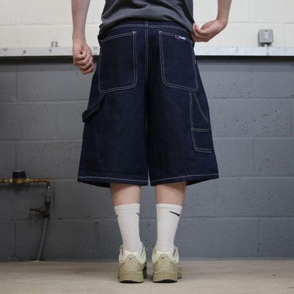 Baggy denim carpenter shorts y2k navy blue Thick denim cargo festival shorts with FUBU details