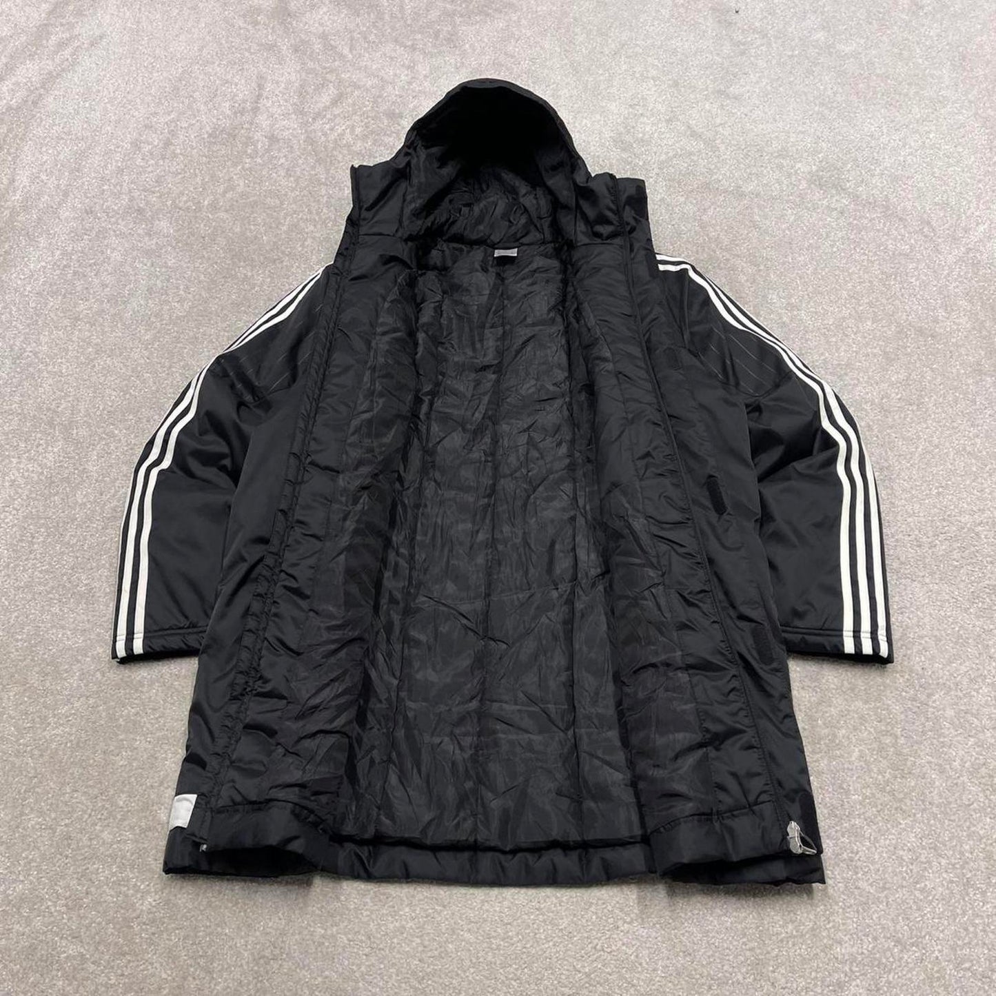 00s long Adidas park jacket y2k style L men's black full zip padded overcoat technical