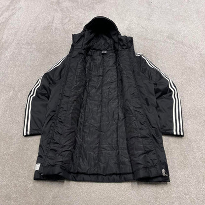 00s long Adidas park jacket y2k style L men's black full zip padded overcoat technical