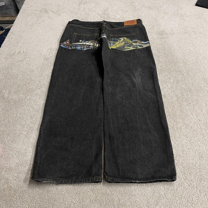 RMC baggy embroidered jeans y2k Japanese style W42L34 black Red Monkey Company LOT 1001 wide leg