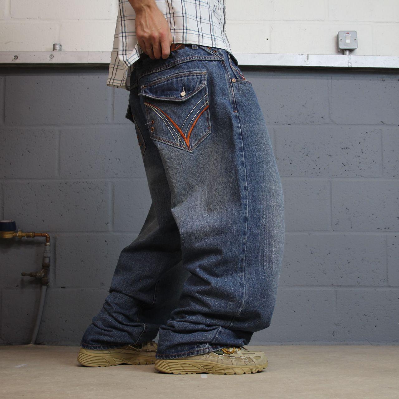 Baggy embroidered jeans loose blue denim Y2K Knockout Jeans loose surf style pants embroidered