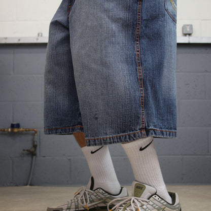 Baggy embroidered denim shorts blue 5ive Jungle wide leg skater style summer shorts