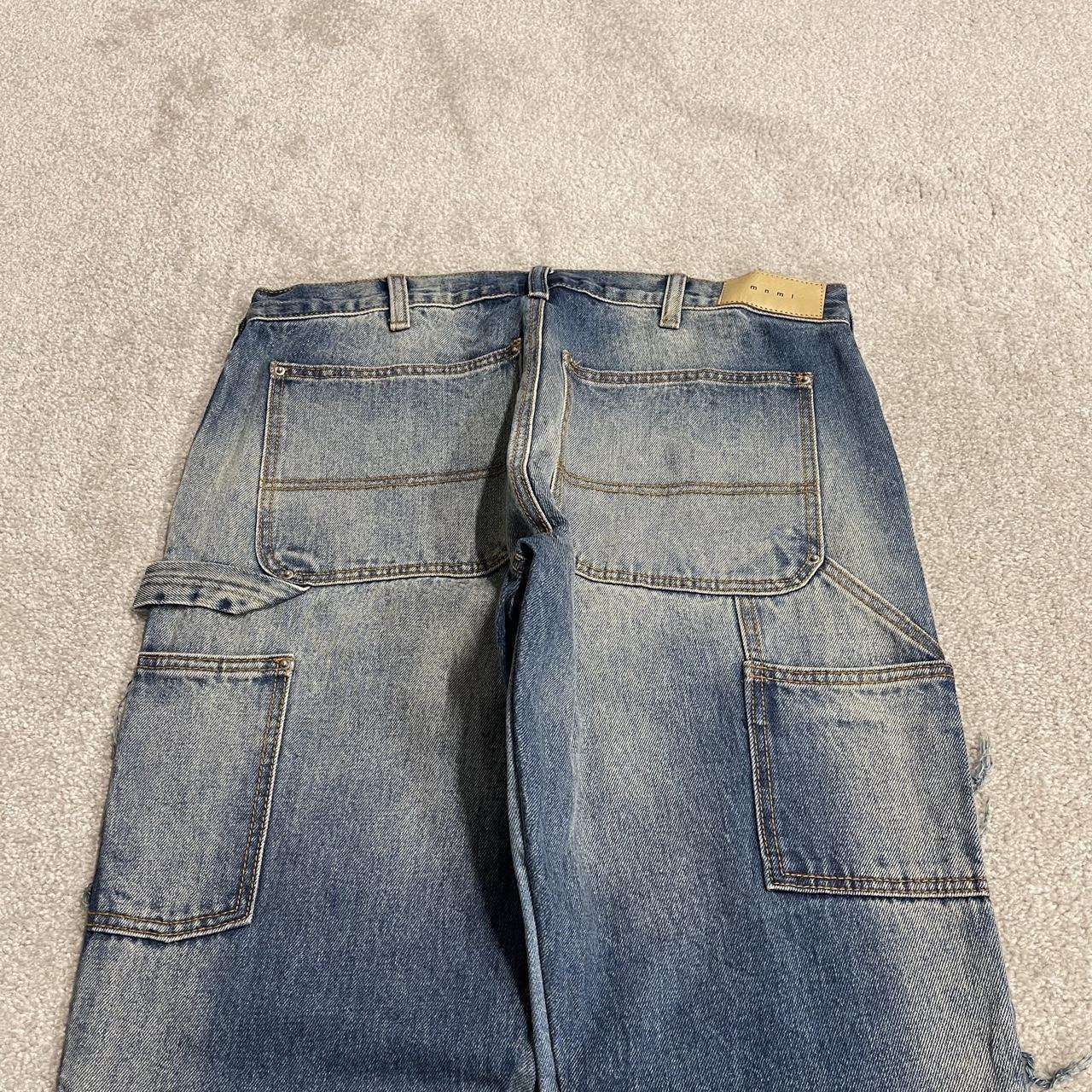 Y2K mnml bootcut jeans W32L36 patch work blue denim Slightly flared carpenter jeans reworked style