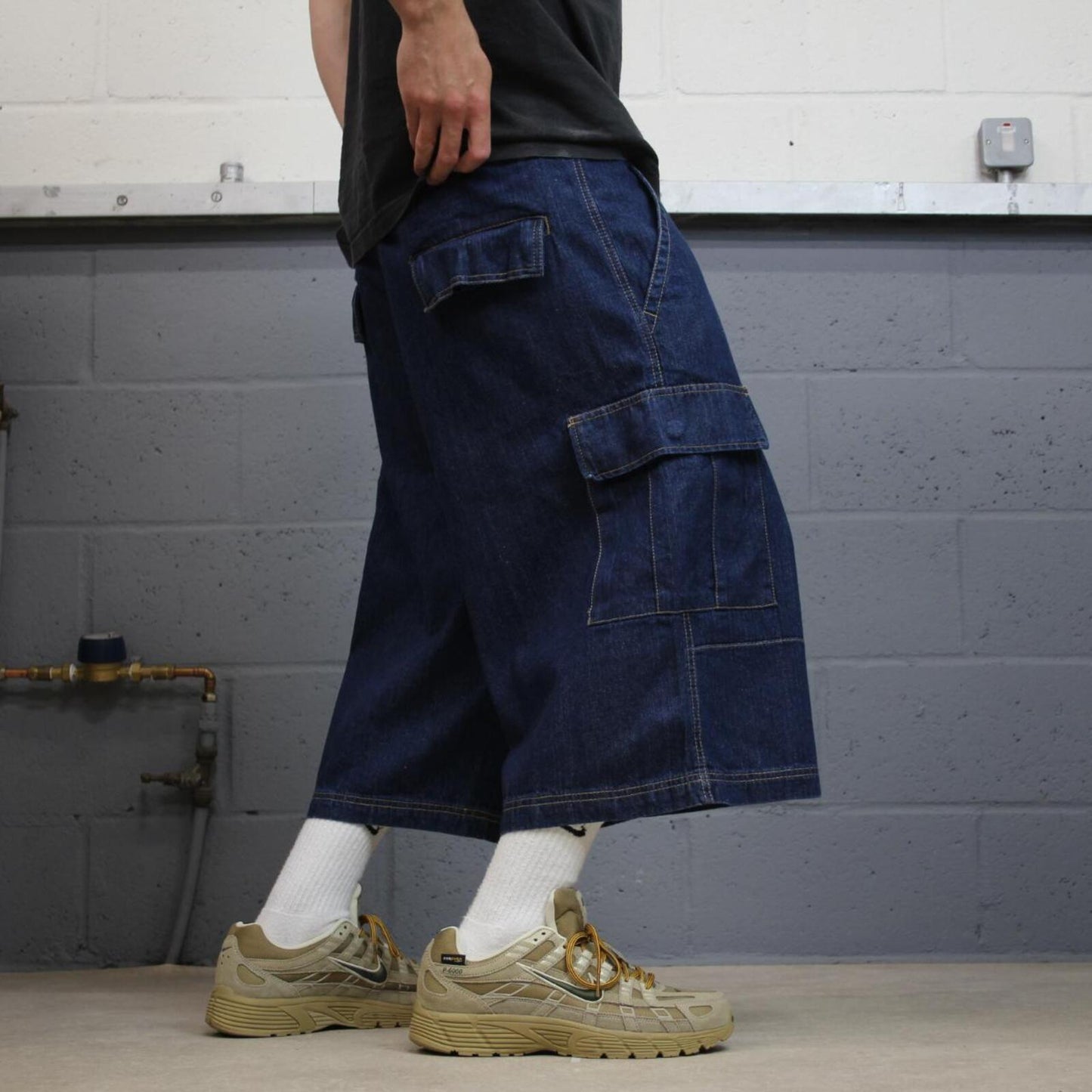Super baggy denim shorts cargo blue Long leg skater surf style carpenter jorts