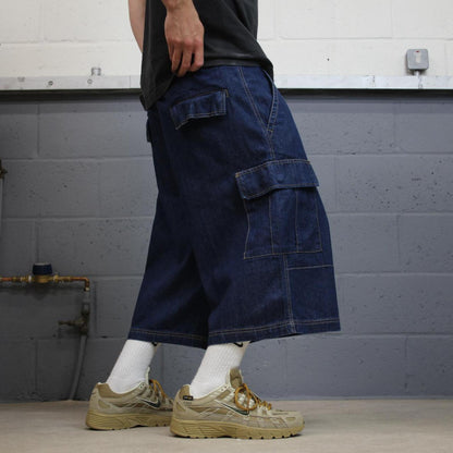 Super baggy denim shorts cargo blue Long leg skater surf style carpenter jorts